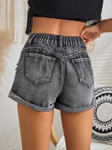 SHEIN VCAY Quần short denim thường ngày dành cho nữ, thiết kế lỗ, viền cuộn, màu đen, dành cho kỳ nghỉ - màu đen - Xem 2