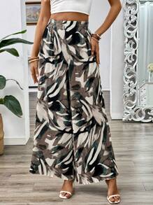 Chiquease Woven Toothpick Pleat Wide Leg Pants With Leaf Print