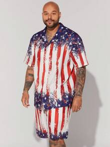 Mainfolk 2pcs/Set Plus Size Men's Casual Stars & Stripes Weaving Usa Flag Graphic Lapel Shirt & Straight Shorts For Summer, 4th Of July - Multicolor - View 1