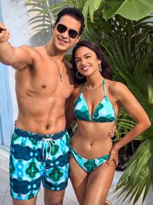 Manfinity Pantalones cortos de playa y baño para hombres con estampado de tie-dye y cintura con cordón ajustable para vacaciones