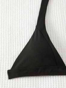 SHEIN Swim 女式夏季沙灘純色黑色頸後綁帶性感比基尼上衣 - 黑色 - 查看 3