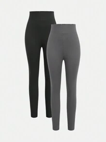 Sparklyn 2pcs Teen Girls' Solid Color Simple Daily Wear Leggings Chic Outfits For Autumn/Winter - Multicolor - View 1