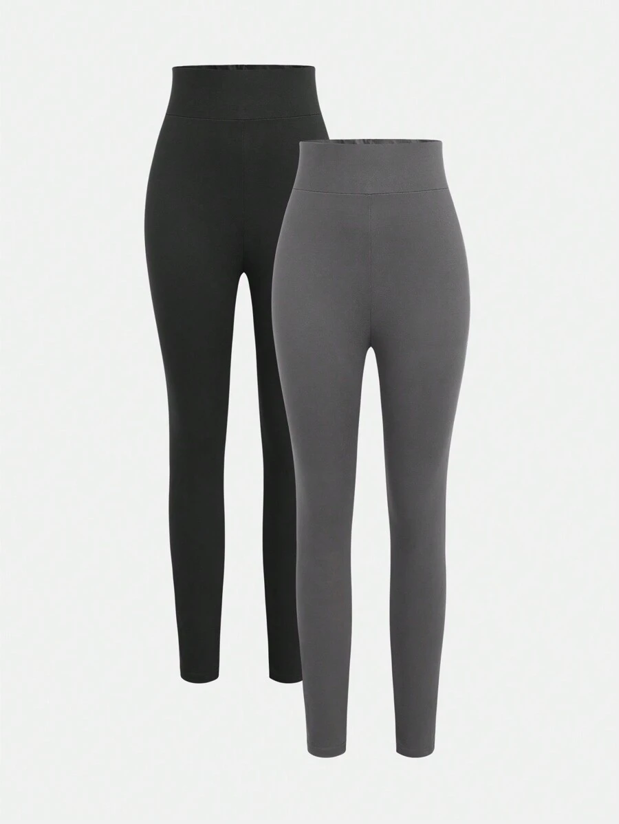 Sparklyn 2pcs Teen Girls' Solid Color Simple Daily Wear Leggings Chic Outfits For Autumn/Winter - Multicolor - View 1