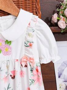 Baby Girl Summer New Embroidered Romper With Lovely Pattern, White Ditsy Floral Patchwork Knit Peter Pan Collar Jumpsuit, Suspender Shorts With Short Sleeves, Lightweight - Pink - View 6