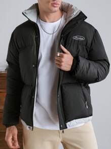 RueChic Men Letter Embriodery Puffer Coat - Black - View 1