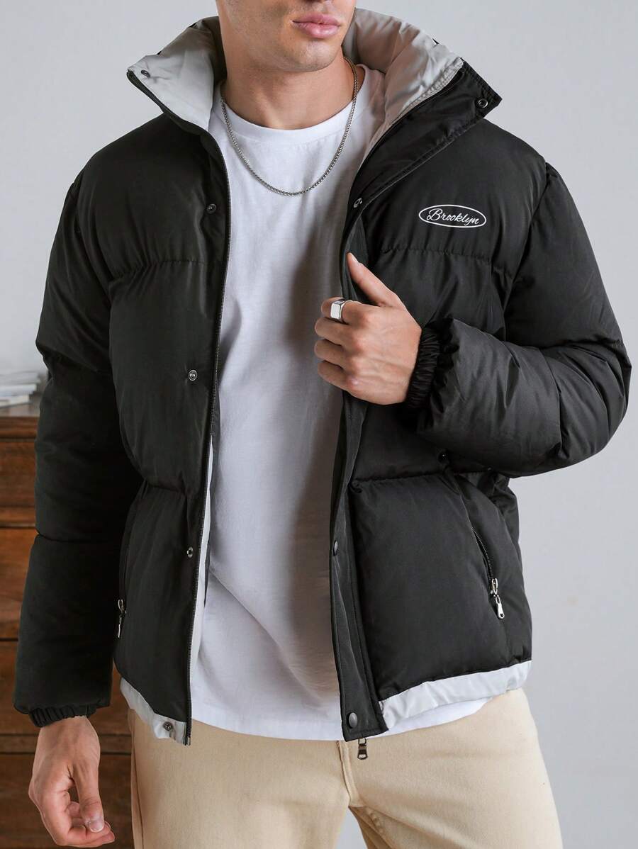 RueChic Men Letter Embriodery Puffer Coat - Black - View 1