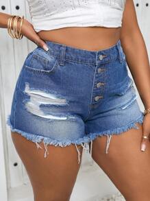 SHEIN VCAY Plus Size Sexy Distressed Denim Shorts For Casual Vacation, Blue - Light Wash - View 6