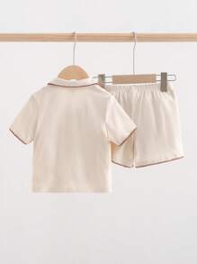 Cozy Pixies Bộ áo len và quần short ngắn tay có cổ có họa tiết hình cây dừa cho bé trai, trang phục thường ngày - Màu be - Xem 2