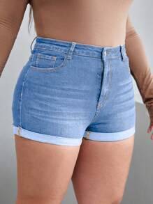 Calvaya Cộng với quần short denim cạp cao cuộn gấu - Rửa nhẹ - Xem 5