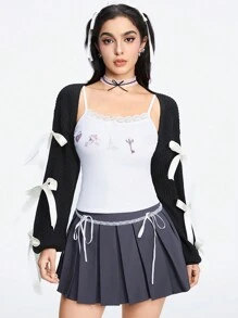 ROMWE Kawaii Girls' Casual Layered Cute Bow Tie Decorated Cover Up With Lantern Sleeves And Open Front, Sunscreen And Air-Conditioned Cover Up - Black - View 1