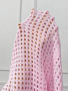 Elenzga Plus Drop Shoulder Knot Hem Pointelle Knit Sweater Knit Pullover Fall Winter Autumn - Pink - View 3