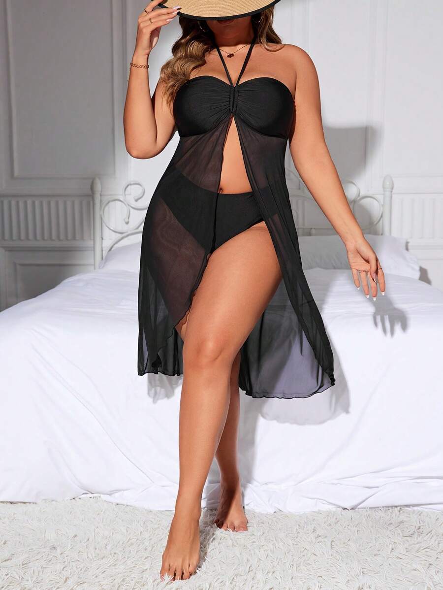 SHEIN 大码对比色网眼吊带比基尼套装夏季 - 黑色 - 查看 1