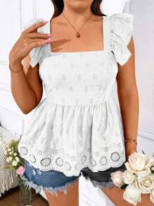 Flirla Sweet And Lovely Embroidered Shirt With Square Neckline, Plus Size