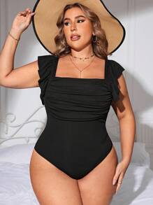 Swim Lushoire Plus Size Solid Ruffle Trim One Piece Swimsuit For Summer - Black - View 4