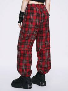 ROMWE Grunge Punk 龐克風格黑紅色格子金屬鏈條拉鍊彈性腰部女長褲 - 紅色 - 查看 4