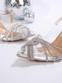 Sandalias de tacón alto con cristal únicos y elegantes, de punta estrecha con tacón de stiletto transparente y diamantes de imitación, elegantes para citas, reuniones, fiestas, banquetes y ir a trabajar en verano