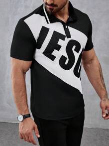Manfinity Mode 男士字母圖形雙色撞色Polo衫 - 黑與白 - 查看 6