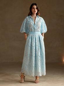 Anewsta 浪漫優雅的假日風格女士單排釦休閒襯衫 - 藍色 - 查看 3