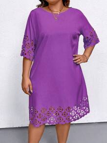 Plus Laser Cut Out Drop Shoulder Dress For Summer - Purple - View 3