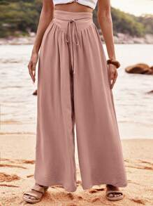 SHEIN VCAY Quần ống rộng xếp ly eo cao màu trơn cho nữ - Hồng - Xem 5