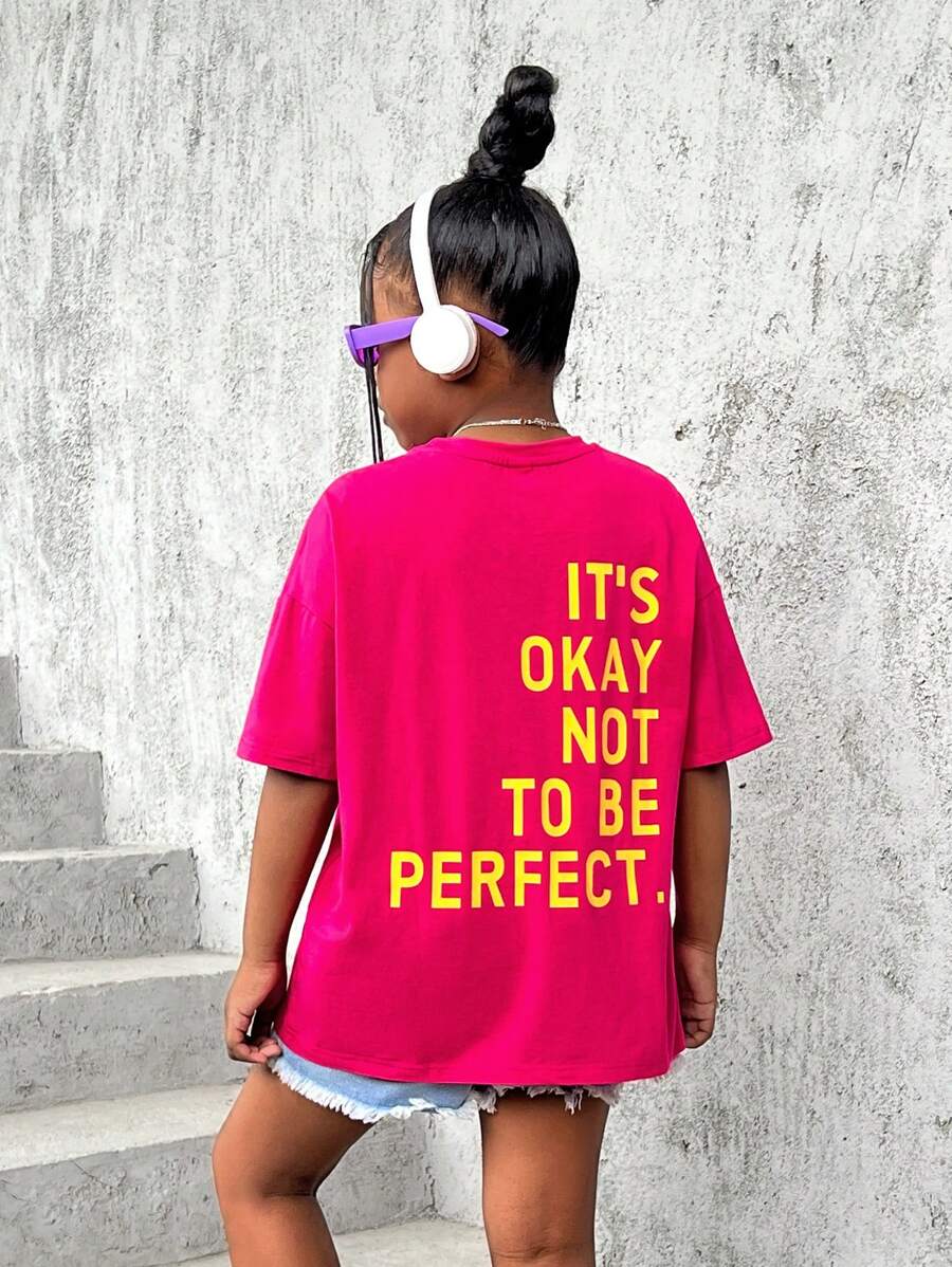 SHEIN Leap Crew 女孩標語圖案落肩T恤 - 玫紅色 - 查看 1