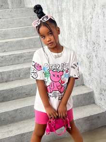 SHEIN Tween女孩時尚運動針織短袖圓領上衣和短褲套裝 - 彩色 - 查看 5