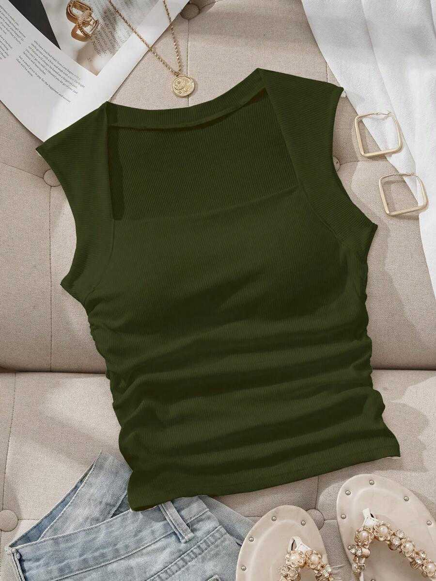 SHEIN EZwear Square Neck Spring/Summer Slim Fit Bra-Free Women's Tank Top With Padded Cups