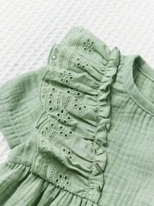 SHEIN 新生嬰兒女款白色純棉柔軟連身衣，蓮葉拼接和圓領設計 - 綠色 - 查看 4