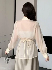 DAZY Women's Solid Color Sheer Long Sleeve Shirt,Fall Women Clothes - Apricot - View 5