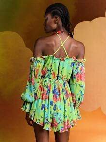 Alice McCall Designer Boho Bohemian Tie Dye Cold Shoulder Flounce Sleeve Romper, For Holiday, Vacation, Spring, Beach, Festival, Ibiza Fits - Multicolor - View 4