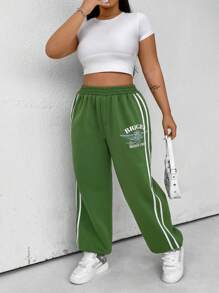 Flirla Plus Letter Graphic Contrast Tape Side Sweatpants - Green - View 5