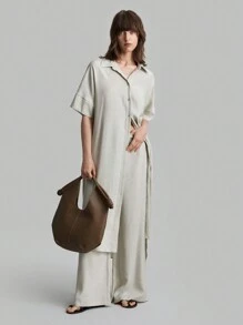 Ontre 2 件套女士开学季长款衬衫和裤子套装，秋季 - 綠色 - 查看 6