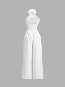 SHEIN MOD Ladies' White Knitted Elasticized Ruched Halter Wide Leg Jumpsuit, Women Rompers,Women Jumpsuits,Old Money,Halter Jumpsuit - White - View 2