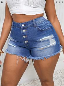 SHEIN VCAY Plus Size Sexy Distressed Denim Shorts For Casual Vacation, Blue - Light Wash - View 1