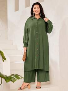 Mulvari Plus Solid Button Front Shirt & Pants - Army Green - View 4