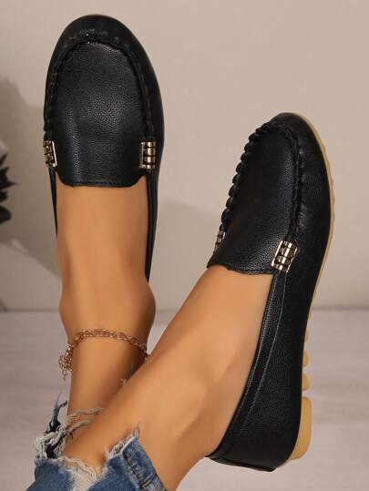 New Plus Size Spring/Summer/All Season Versatile Loafers, Lightweight Leather Upper Soft Bottom Flat Shoes, Comfortable Solid Color Slip-On With Metal Buckle, Round Toe Moccasins For Casual, Vacation, Daily Commute, Pleated Ruffle Trim Handmade Stitching, Classic Lightweight Minimalist Casual Shoes,Sneakers For Women