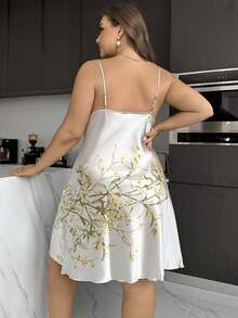 Conjunto de camisón y bata de seda con estampado de plantas para mujer de talla grande - Gris Claro - Ver 3