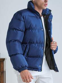 RueChic Men's Simple All-Match Jacket With Front And Back English Print And Stand Collar For Winter - Navy Blue - View 3