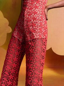 Alice McCall Designer Allover Floral Flower Lace Deep V Neck Jumpsuit, Women, For Summer, Holiday, Valentine's Day, Festival - Red - View 5