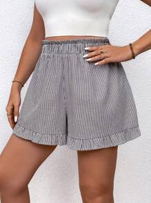 SHEIN LUNE Short taille élastiquée à rayures avec volant pour Femmes en taille Plus - Noir et Blanc - Voir 3