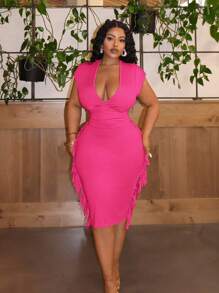 Slaydiva 大尺碼晚宴及優雅純色修身短袖深V領帶扣修邊拼接女中裙黃色-E - 玫紅色 - 查看 4