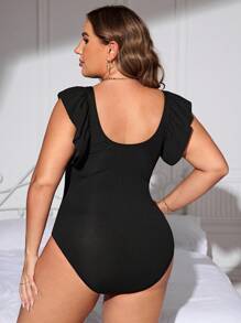 Swim Lushoire Plus Size Solid Ruffle Trim One Piece Swimsuit For Summer - Black - View 2