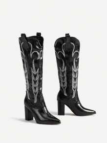 Styleloop 女士过膝长靴，适合波西米亚风、复古美式风、西部风、音乐节、派对、度假、旅行等场合。 - 黑色 - 查看 5