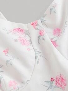 SHEIN MOD 女士浪漫粉色花朵印花复古多层连衣裙、蝴蝶结肩带长裙、单身女郎连衣裙、半正式连衣裙、长礼服、粉色连衣裙、晚礼服、返校节礼服、秋装、白色毕业礼服 - 粉色 - 查看 4