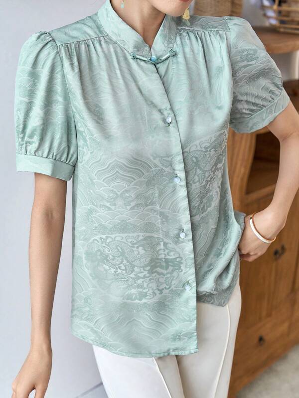 Modelyn Top Hanfu con botones delanteros y mangas abullonadas de jacquard, Top Hanfu mejorada