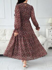 Modelyn 小碎花印花锁孔领口荷叶边袖系带连衣裙 - 紅色 - 查看 2