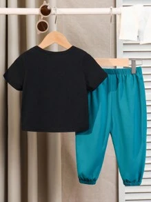 SHEIN 嬰兒男女可愛休閒寬鬆短袖T恤和實用大口袋束口褲套裝，適用於春季/夏季/秋季 - 彩色 - 查看 2