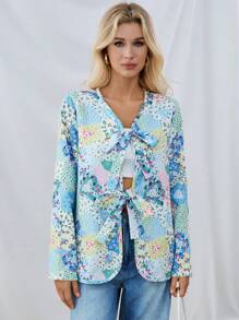SHEIN Essnce Veste régulière pour femmes imprimé de patchwork floral avec lien de poitrine avant - Multicolore - Voir 4