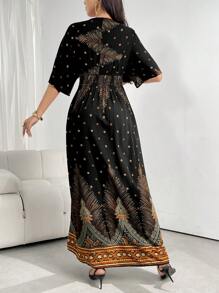 热带印花蝙蝠袖休闲朴素连衣裙 - 黑色 - 查看 2