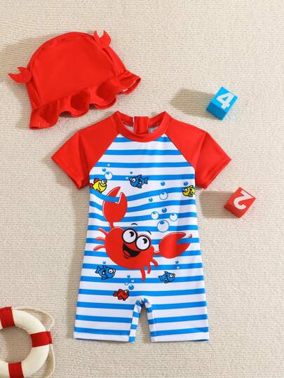 بذلة سباحة واحدة قطعة مع قبعة للأطفال الصبيان بنمط مخطط وبرسومات كرتونية